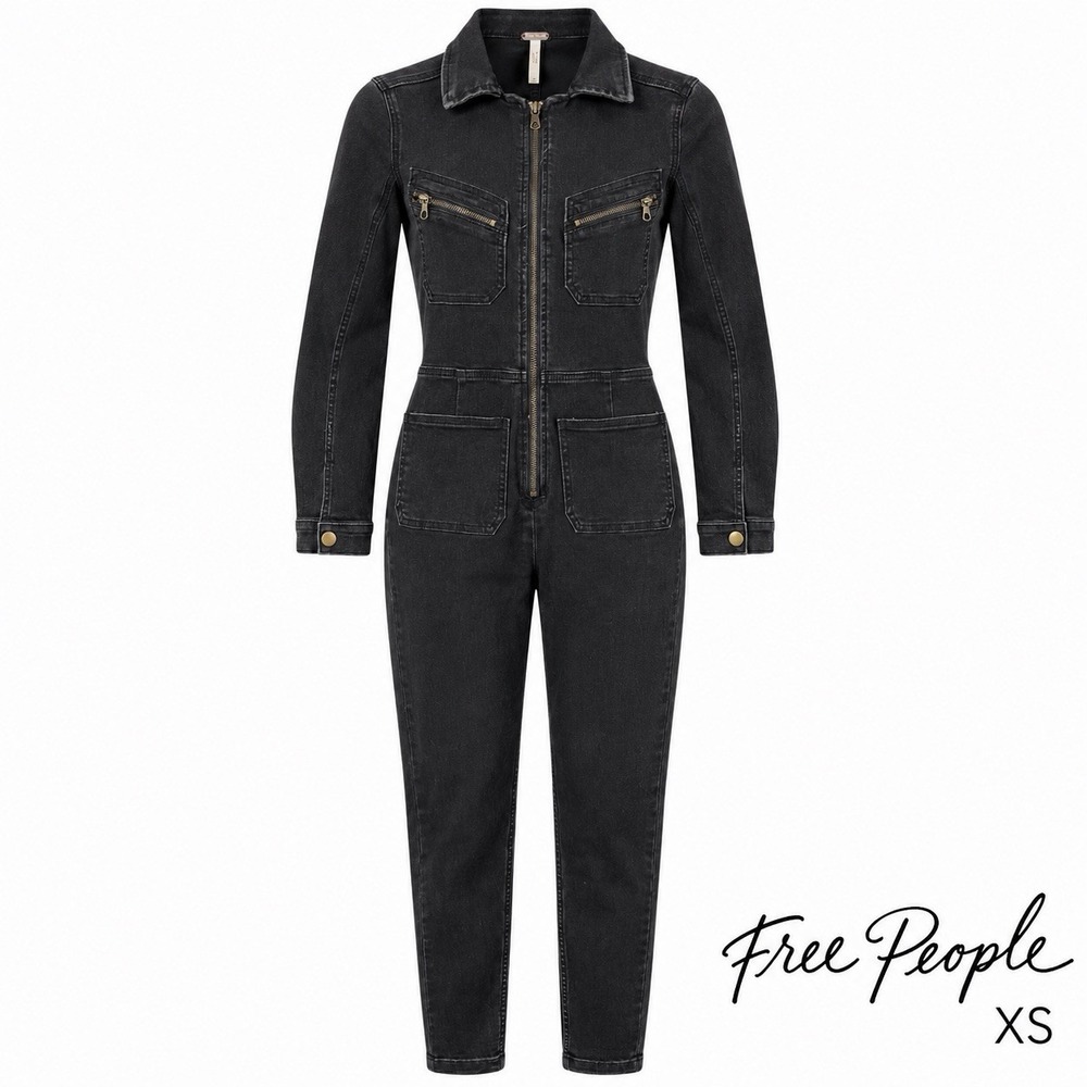 Free People Lennox Women's XS Black Denim Utility Jumpsuit Long Sleeve Zip Front